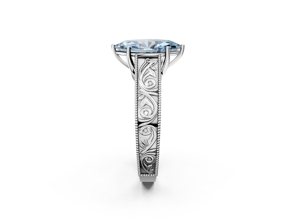 Sterling Silver Marquise Vintage Engraved Solitaire Engagement Ring Setting for Fancy Blue Center