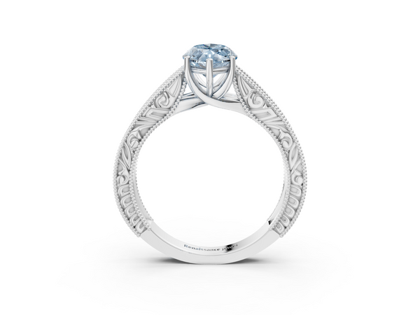Sterling Silver Marquise Vintage Engraved Solitaire Engagement Ring Setting for Fancy Blue Center