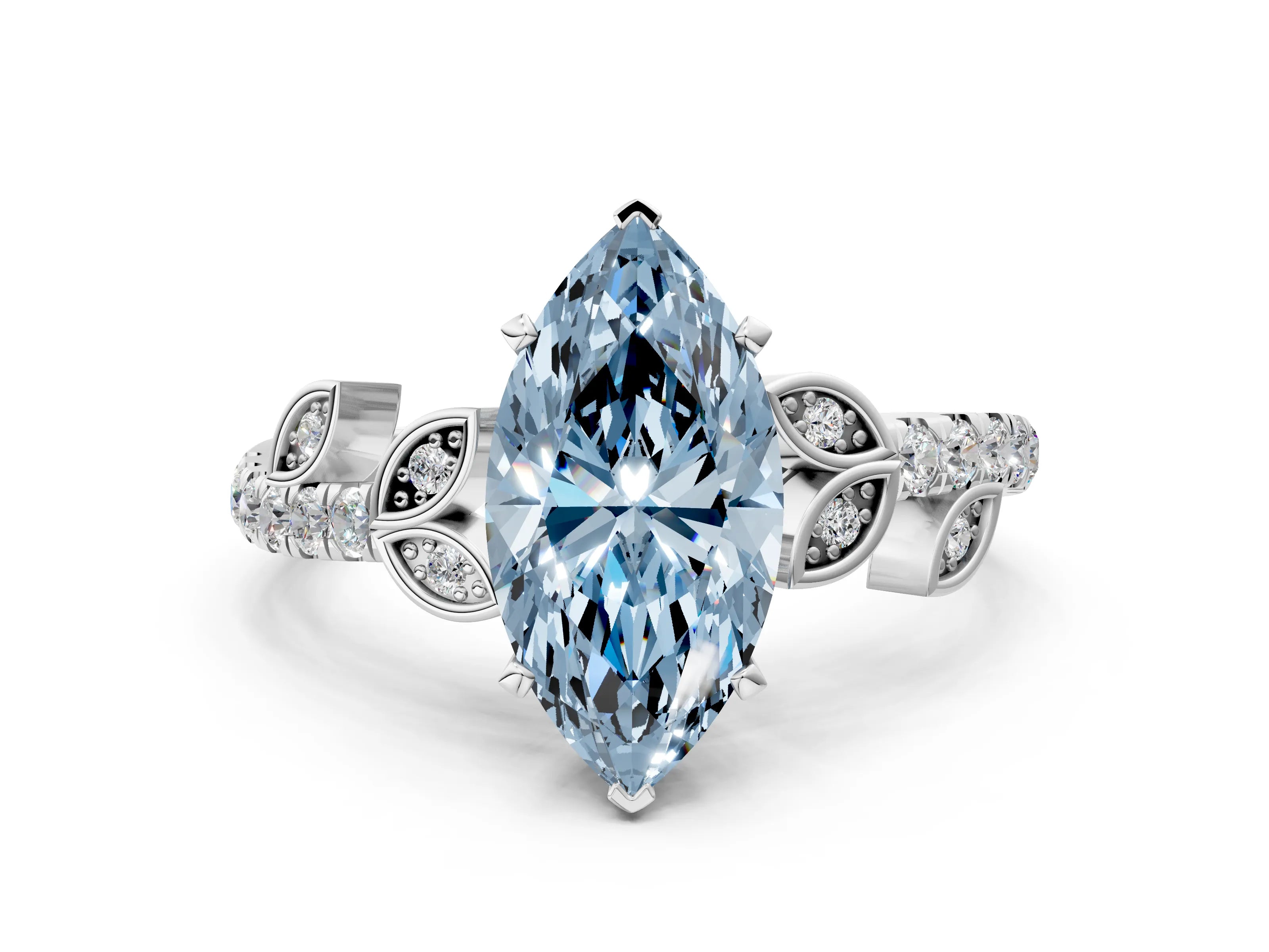 White gold Fancy Blue Marquise Cut Solitaire Leaf-Inspired Diamond Ring with Pavé Band and Four-Prong Setting_12
