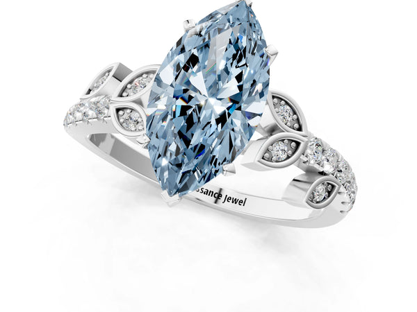 Platinum Fancy Blue Marquise Cut Solitaire Leaf-Inspired Diamond Ring with Pavé Band and Four-Prong Setting