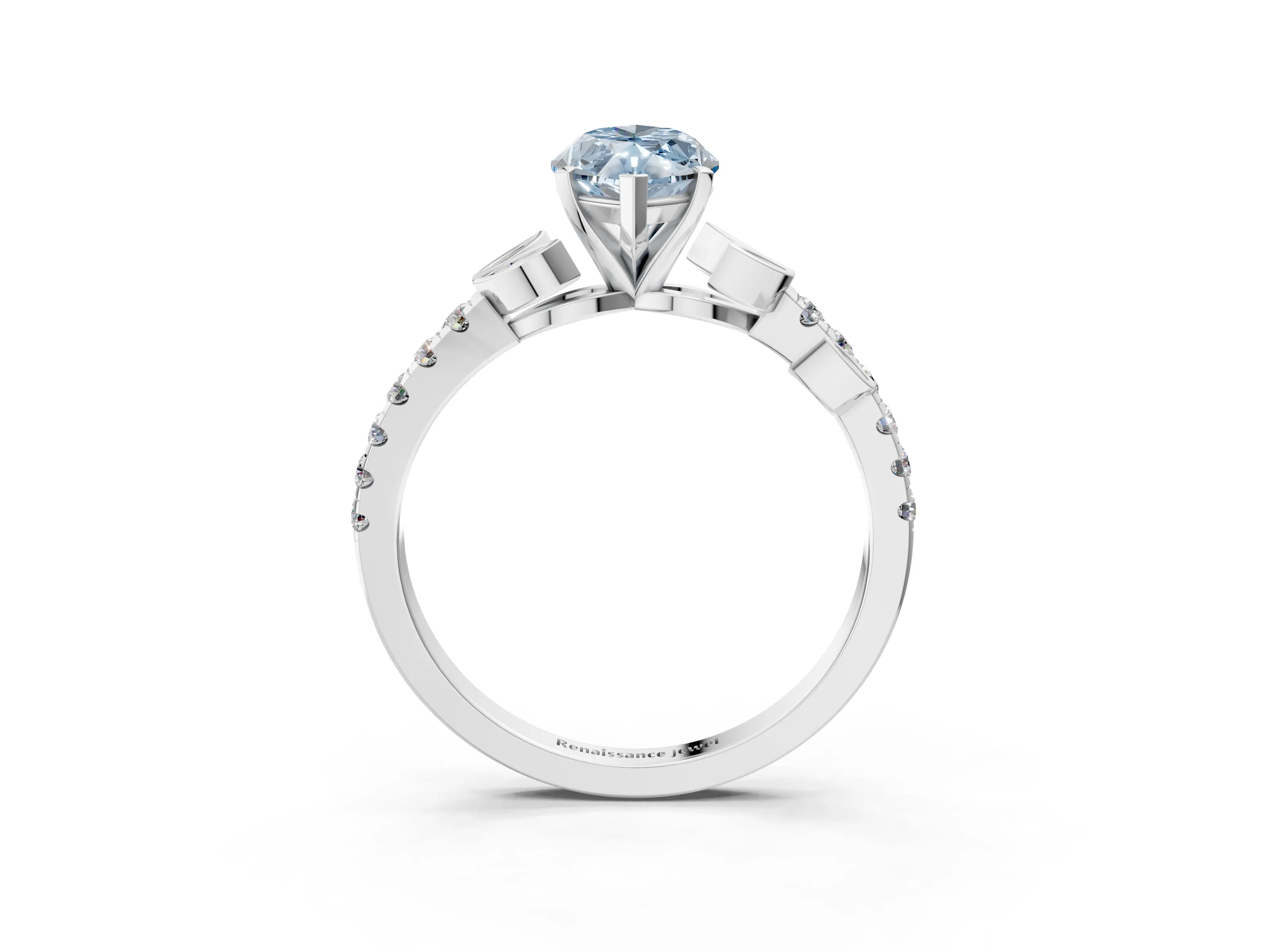 White gold Fancy Blue Marquise Cut Solitaire Leaf-Inspired Diamond Ring with Pavé Band and Four-Prong Setting_14