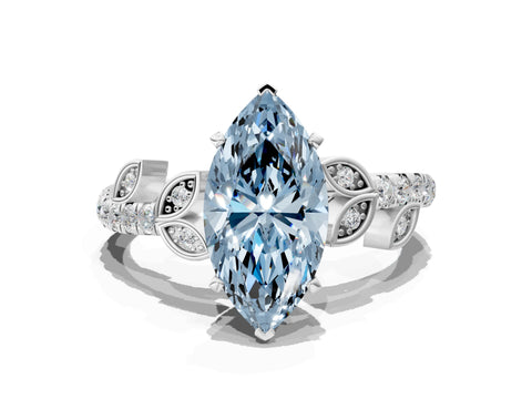 White gold Fancy Blue Marquise Cut Solitaire Leaf-Inspired Diamond Ring with Pavé Band and Four-Prong Setting_36