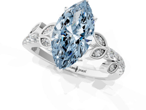 White gold Fancy Blue Marquise Cut Solitaire Leaf-Inspired Diamond Ring with Pavé Band and Four-Prong Setting_37