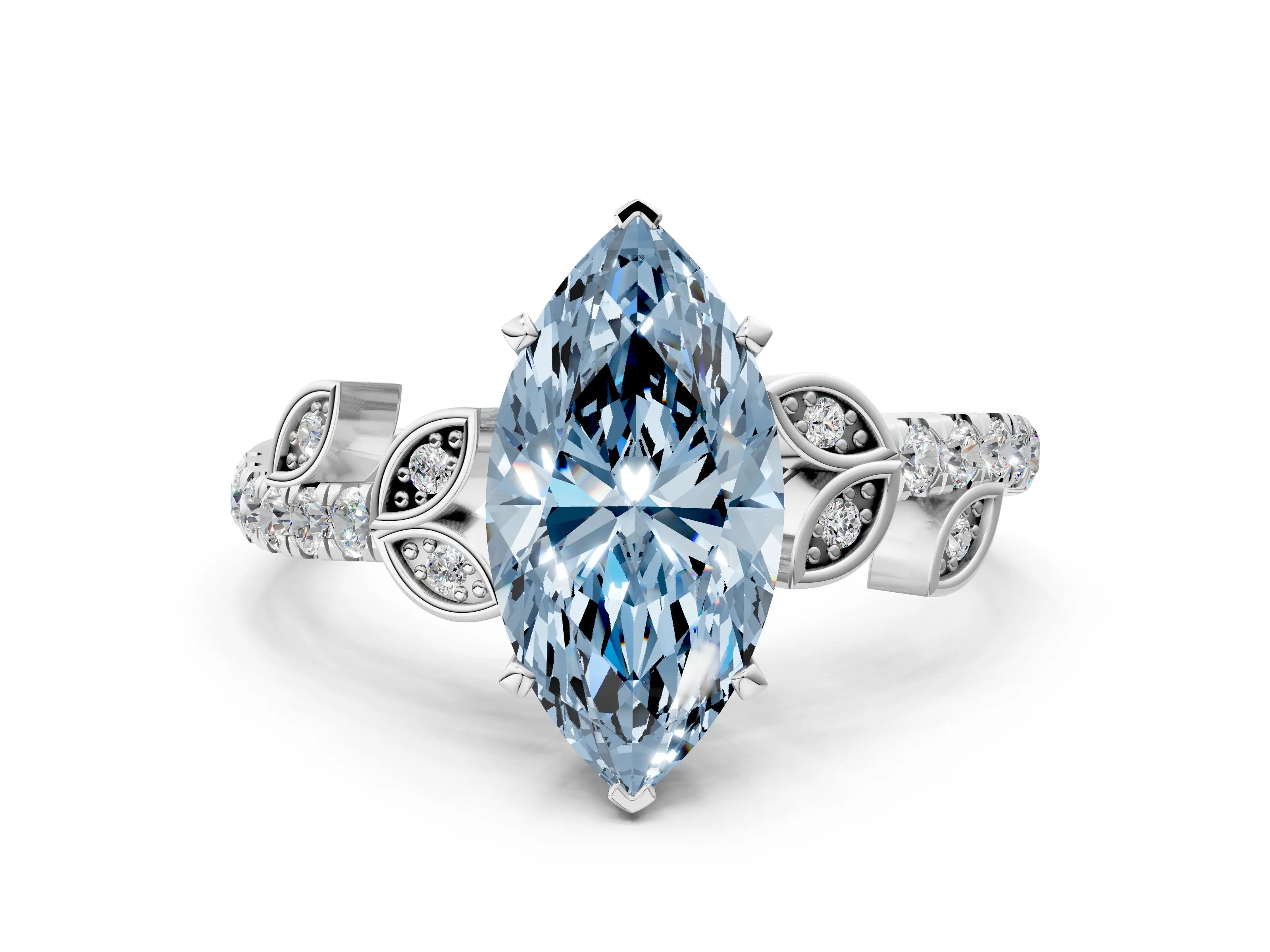 White gold Fancy Blue Marquise Cut Solitaire Leaf-Inspired Diamond Ring with Pavé Band and Four-Prong Setting_47