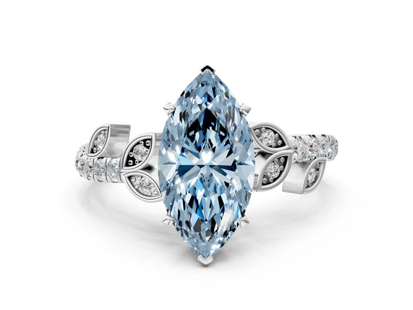Platinum Fancy Blue Marquise Cut Solitaire Leaf-Inspired Diamond Ring with Pavé Band and Four-Prong Setting