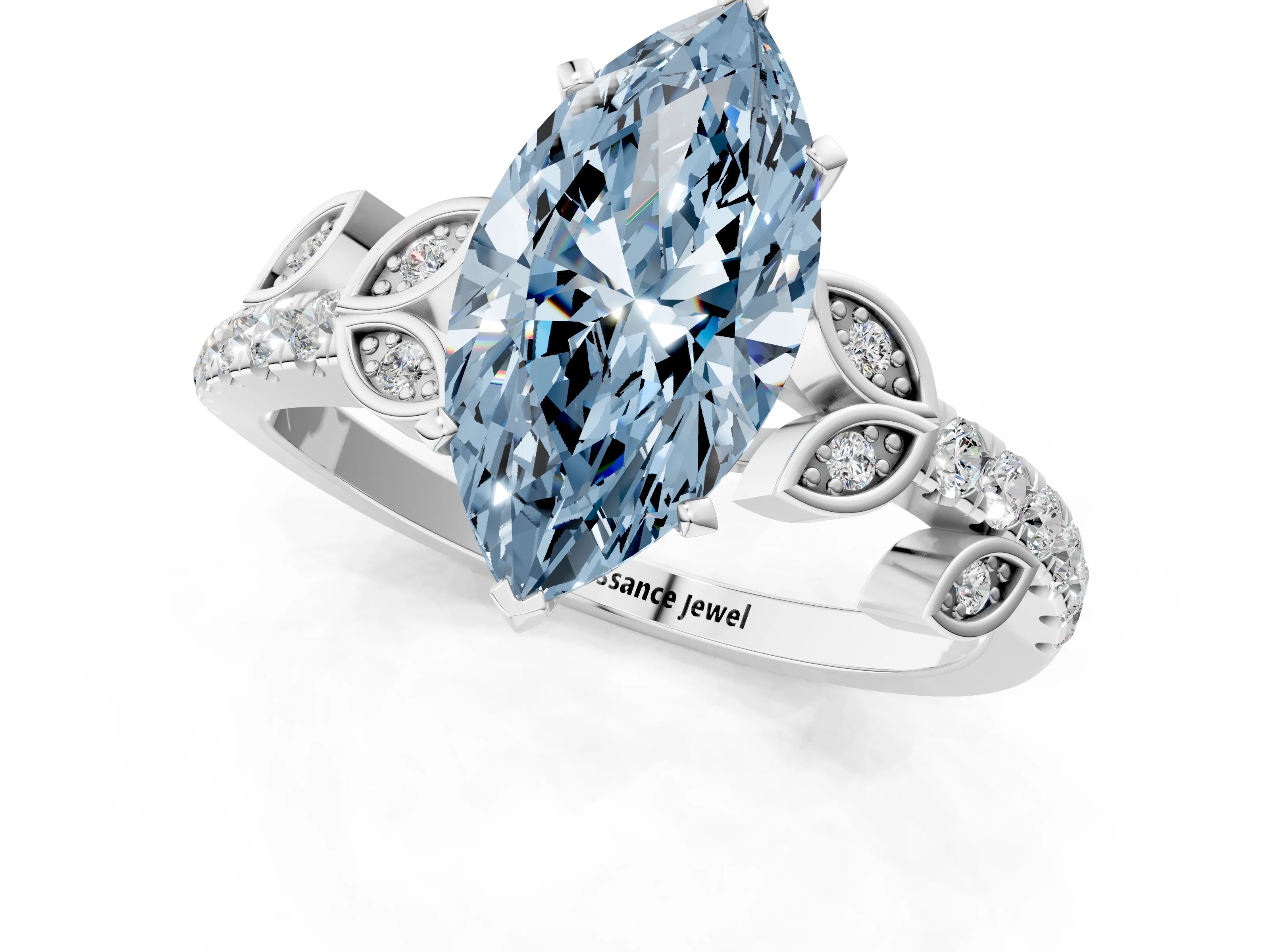 White gold Fancy Blue Marquise Cut Solitaire Leaf-Inspired Diamond Ring with Pavé Band and Four-Prong Setting_49