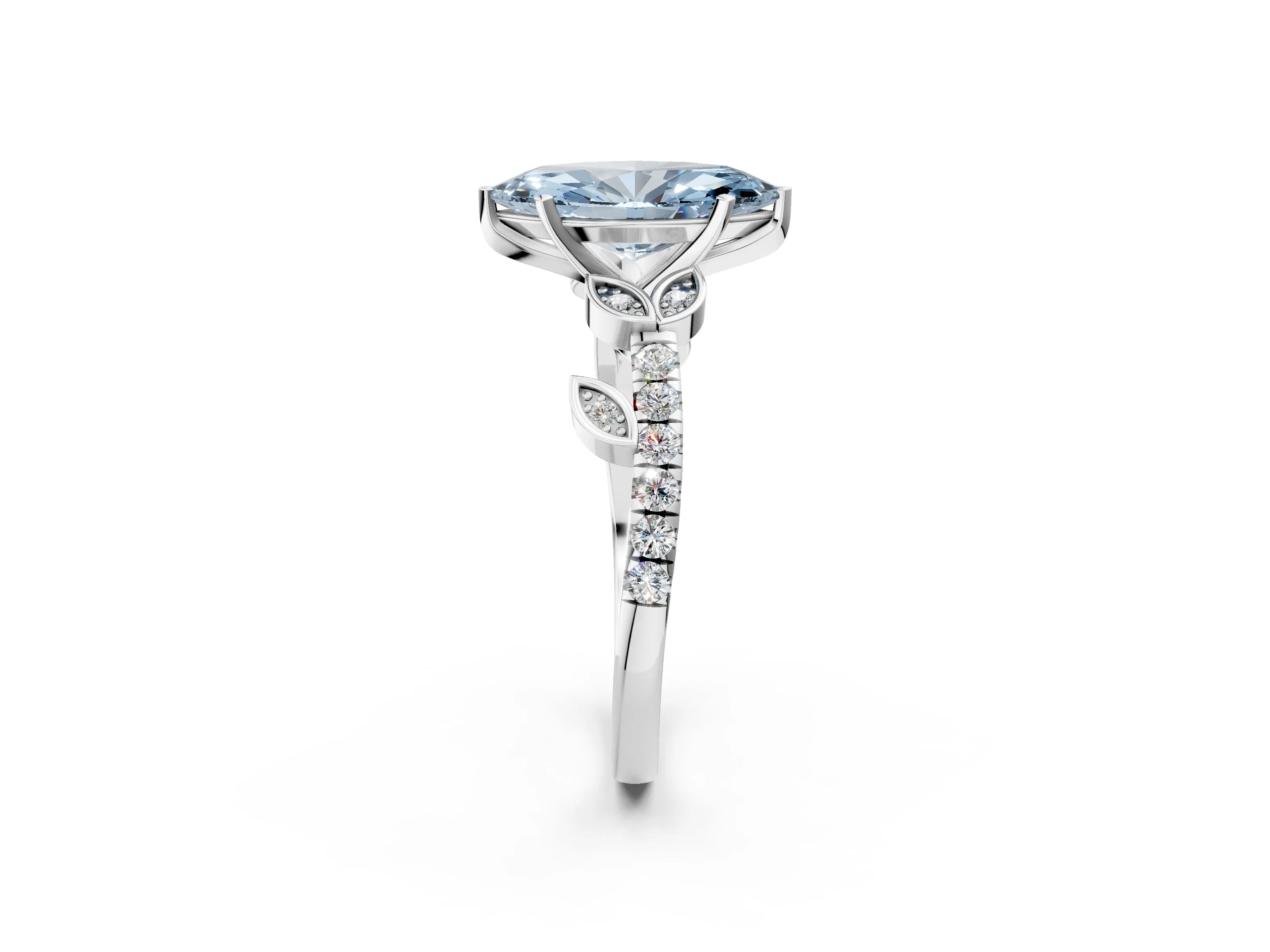 White gold Fancy Blue Marquise Cut Solitaire Leaf-Inspired Diamond Ring with Pavé Band and Four-Prong Setting_49