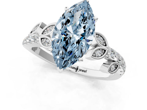 White gold Fancy Blue Marquise Cut Solitaire Leaf-Inspired Diamond Ring with Pavé Band and Four-Prong Setting_49