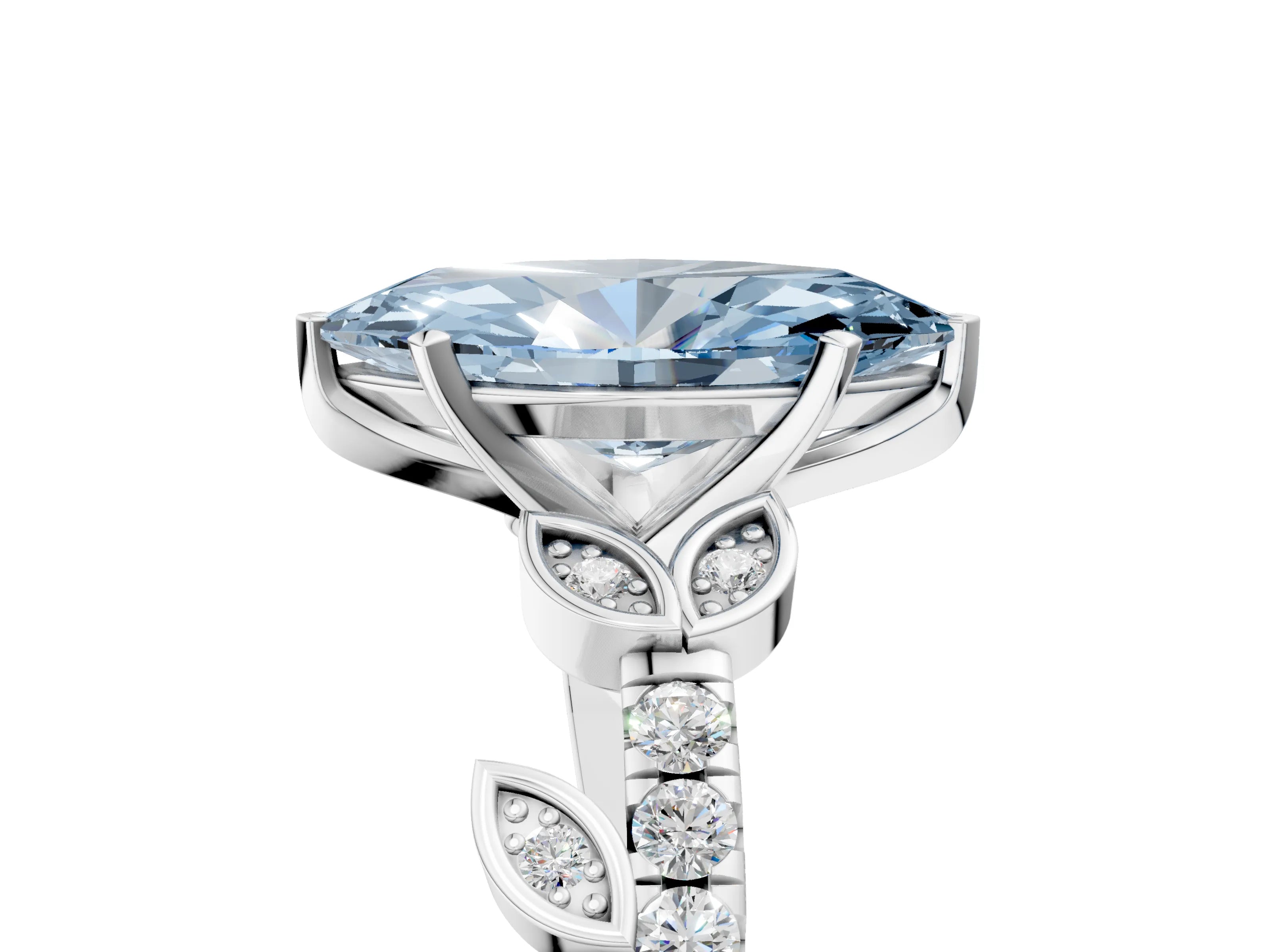 White gold Fancy Blue Marquise Cut Solitaire Leaf-Inspired Diamond Ring with Pavé Band and Four-Prong Setting_53