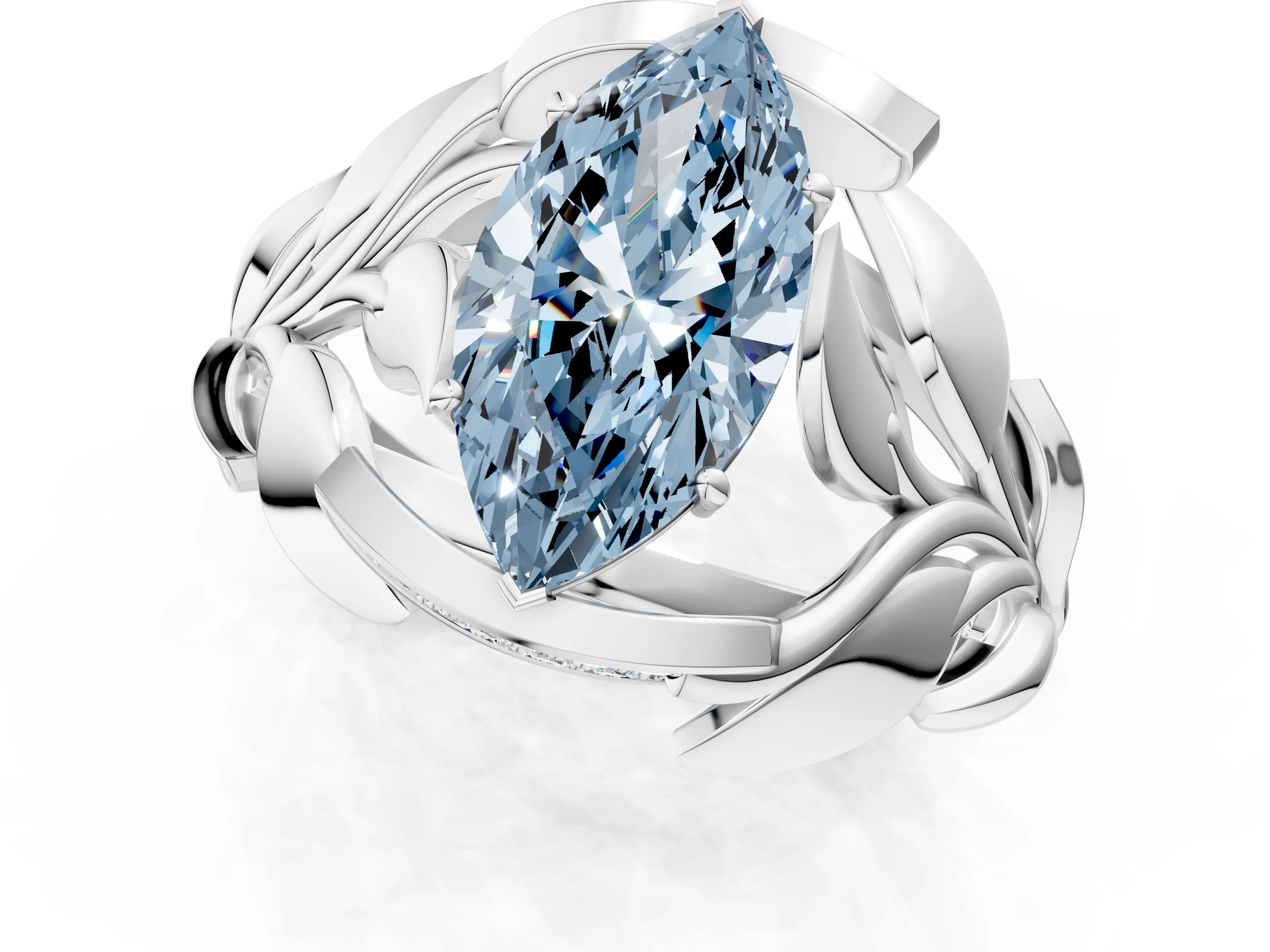 White gold Fancy Blue Marquise Cut Solitaire Leaf-Inspired Engagement Ring with Prong Setting_1