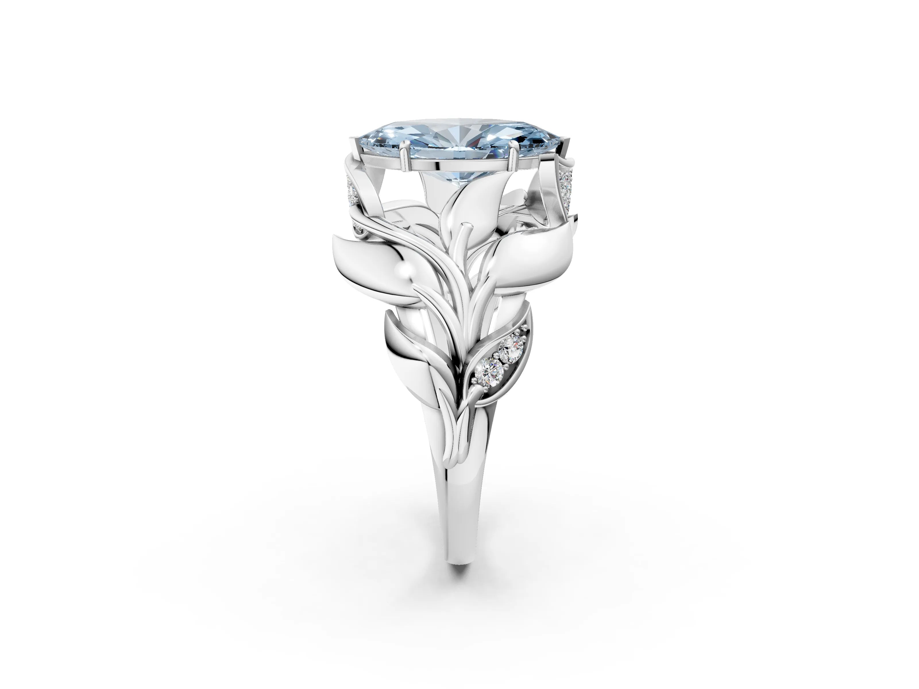 White gold Fancy Blue Marquise Cut Solitaire Leaf-Inspired Engagement Ring with Prong Setting_2