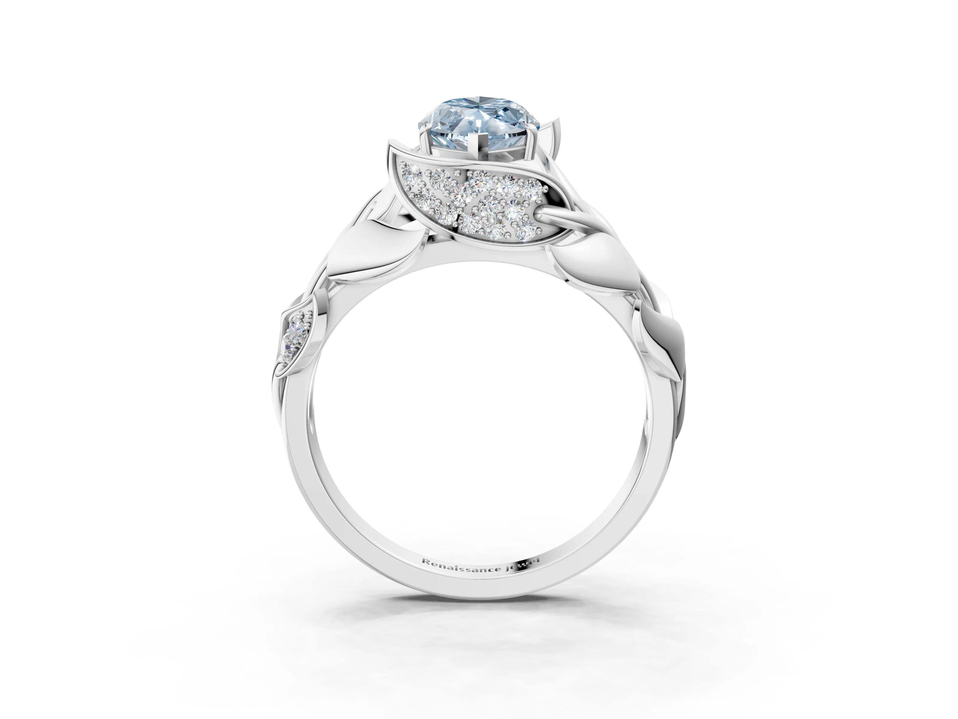 White gold Fancy Blue Marquise Cut Solitaire Leaf-Inspired Engagement Ring with Prong Setting_3