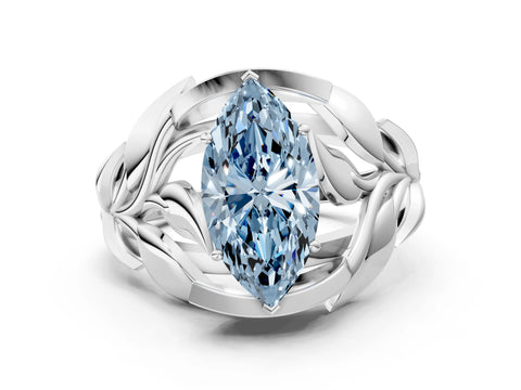 White gold Fancy Blue Marquise Cut Solitaire Leaf-Inspired Engagement Ring with Prong Setting