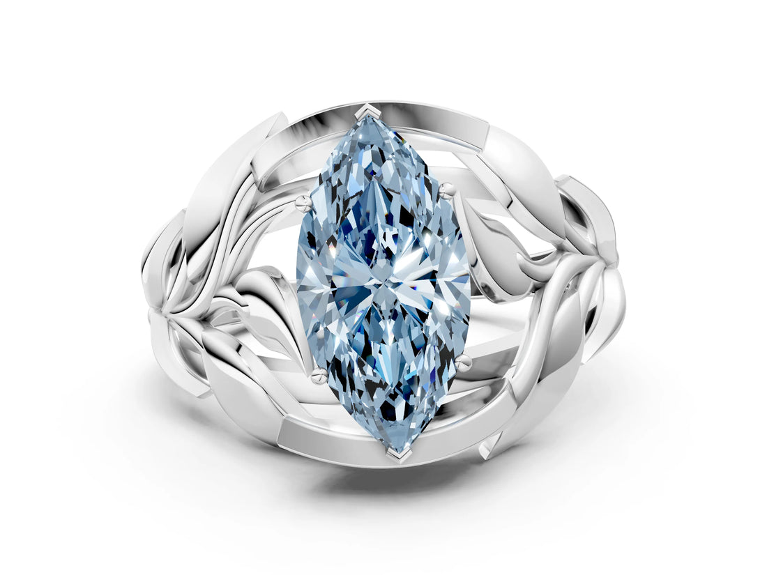 White gold Fancy Blue Marquise Cut Solitaire Leaf-Inspired Engagement Ring with Prong Setting