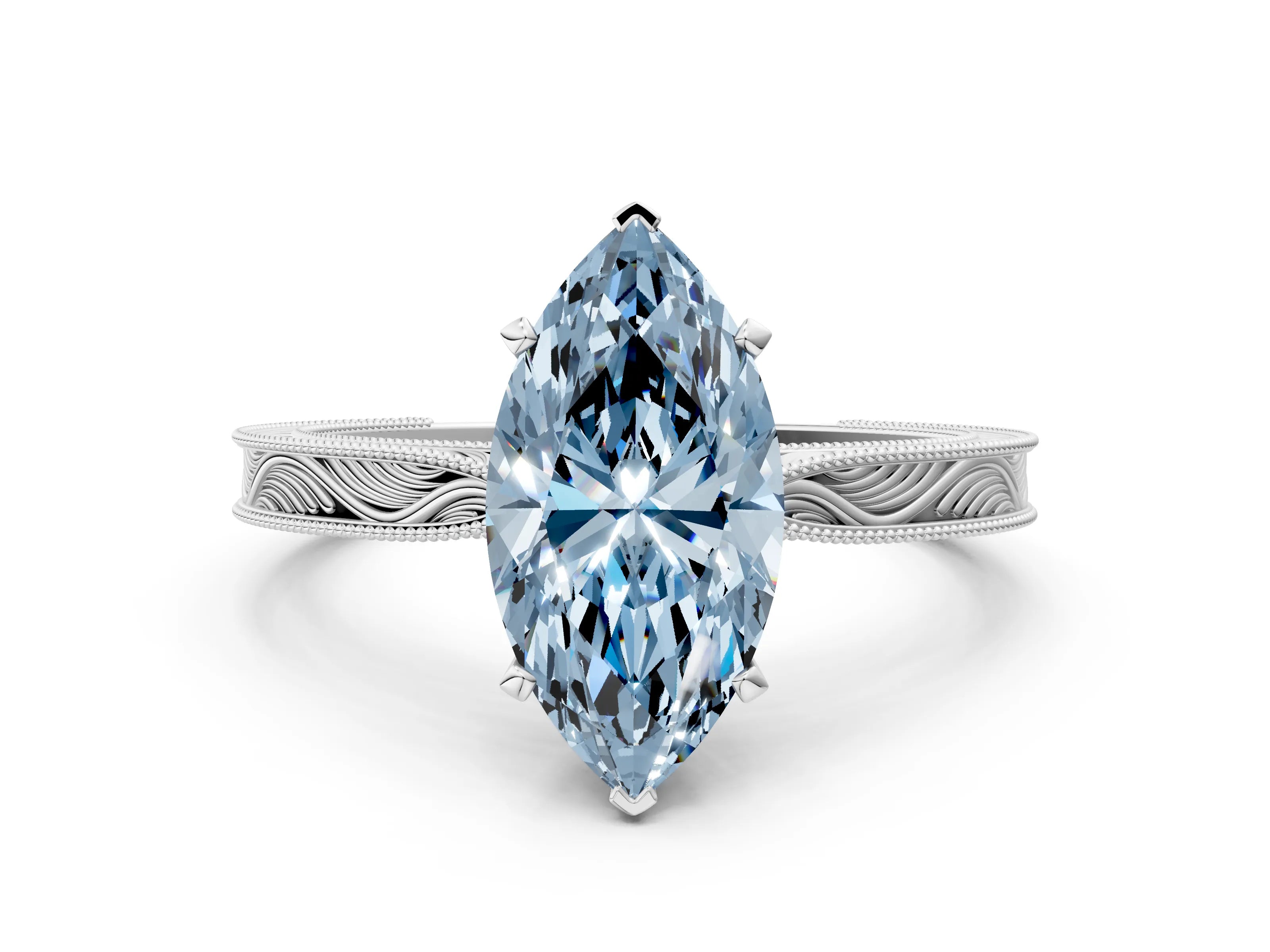 White gold Fancy Blue Marquise Cut Solitaire Milgrain Engraved Band with Four-Prong Setting_12