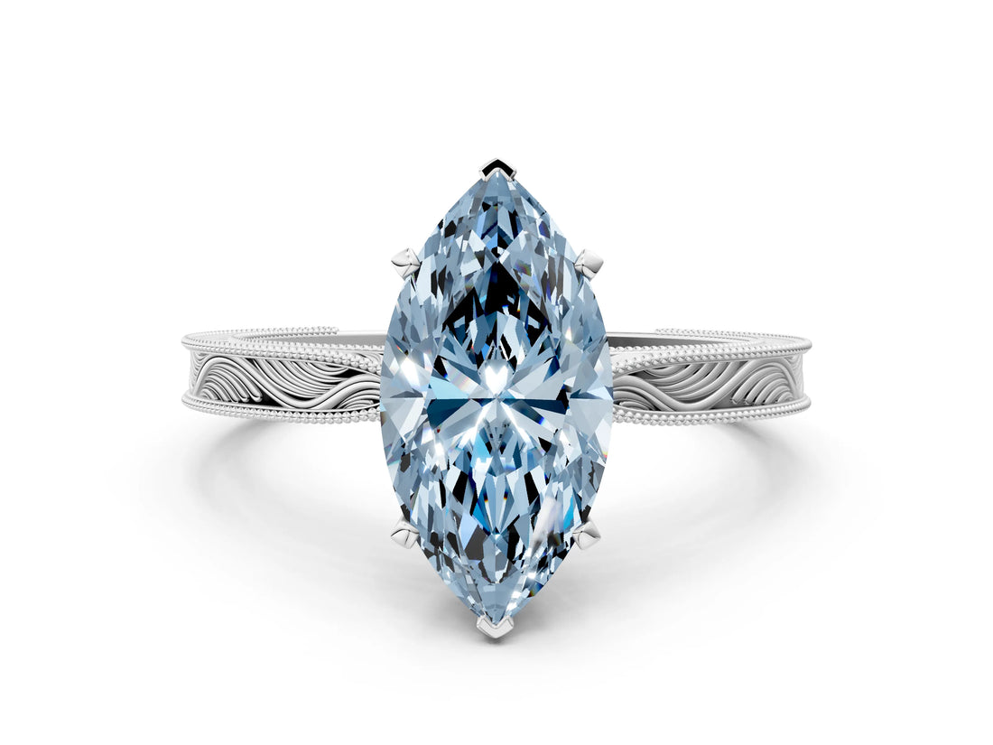 White gold Fancy Blue Marquise Cut Solitaire Milgrain Engraved Band with Four-Prong Setting_12