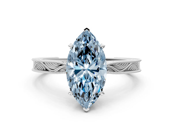 White gold Fancy Blue Marquise Cut Solitaire Milgrain Engraved Band with Four-Prong Setting