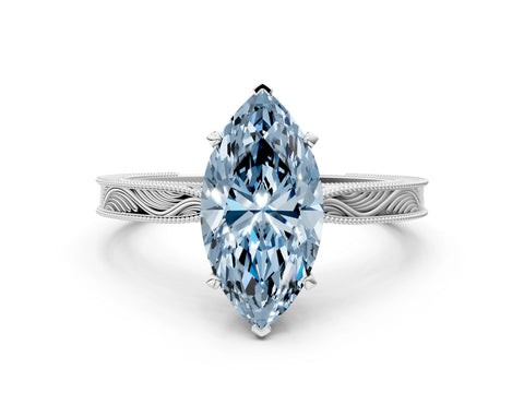 White gold Fancy Blue Marquise Cut Solitaire Milgrain Engraved Band with Four-Prong Setting_12