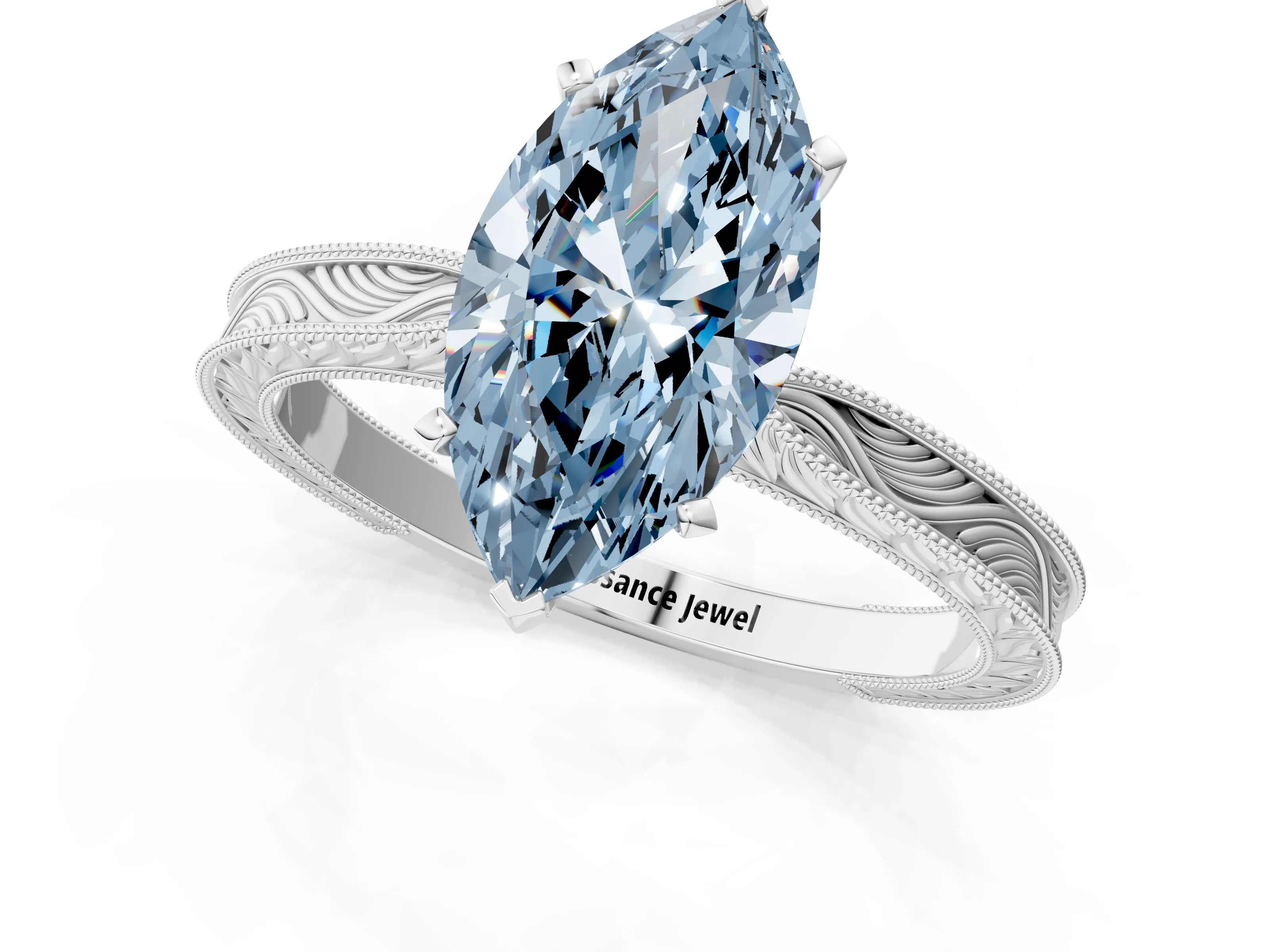 White gold Fancy Blue Marquise Cut Solitaire Milgrain Engraved Band with Four-Prong Setting_13