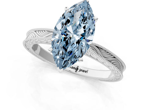 White gold Fancy Blue Marquise Cut Solitaire Milgrain Engraved Band with Four-Prong Setting_13