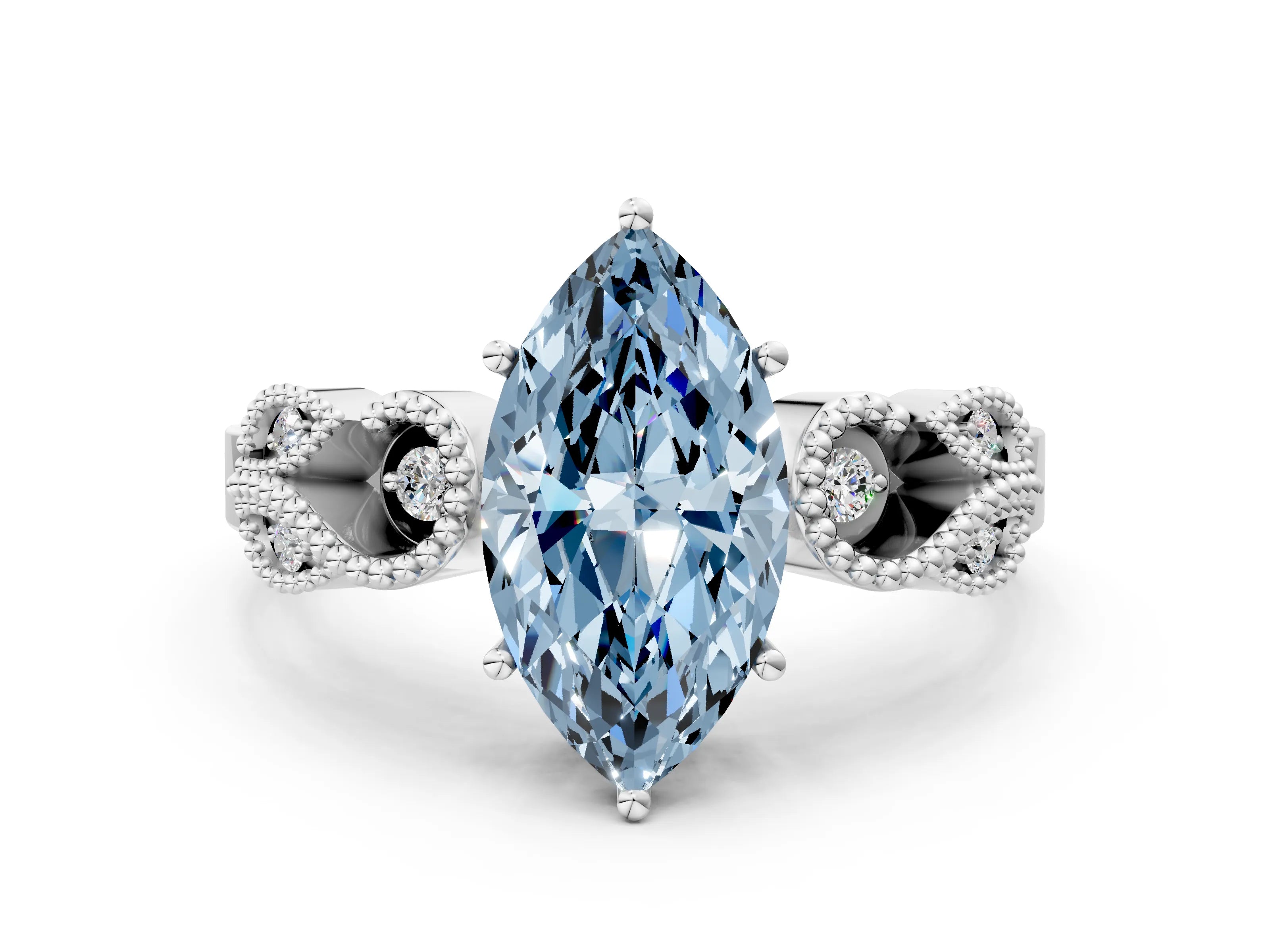 White gold Fancy Blue Marquise Cut Solitaire Milgrain Leaf Band with Prong Setting