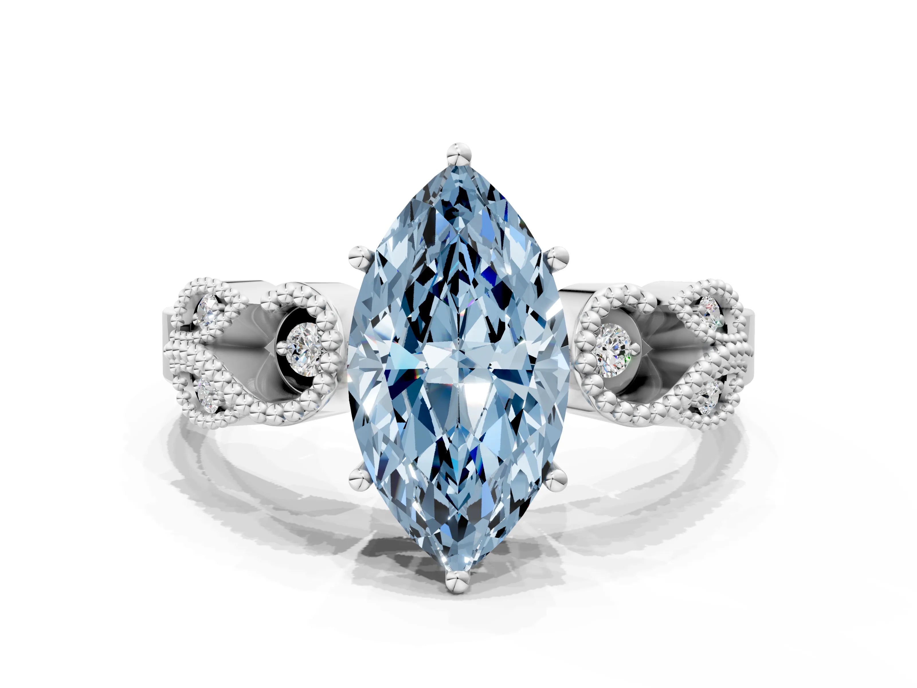 White gold Fancy Blue Marquise Cut Solitaire Milgrain Leaf Band with Prong Setting_12