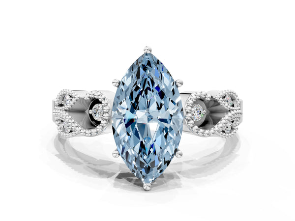White gold Fancy Blue Marquise Cut Solitaire Milgrain Leaf Band with Prong Setting