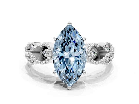 White gold Fancy Blue Marquise Cut Solitaire Milgrain Leaf Band with Prong Setting_12