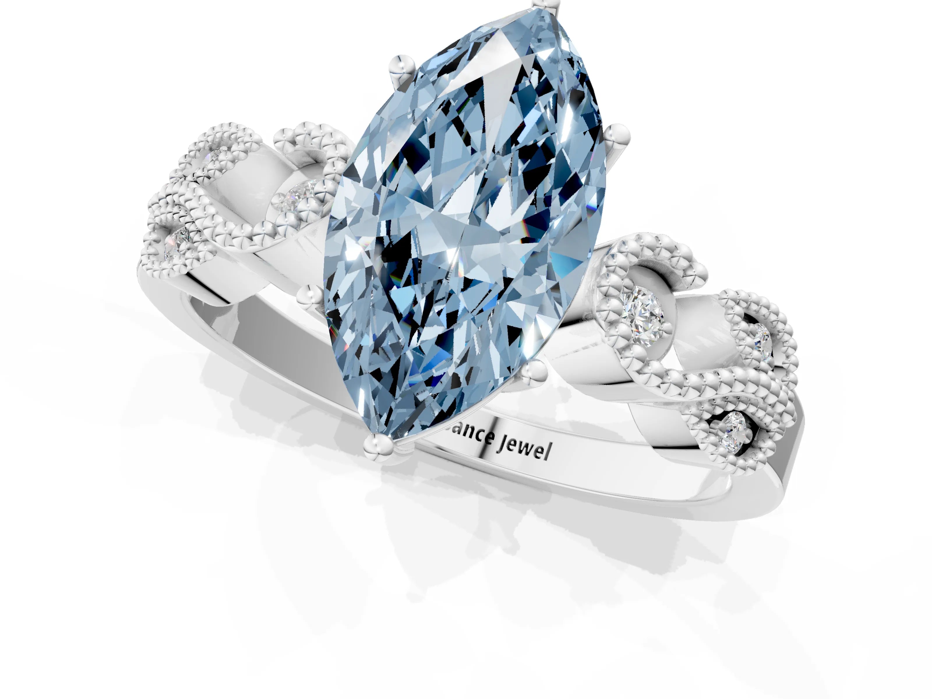 White gold Fancy Blue Marquise Cut Solitaire Milgrain Leaf Band with Prong Setting_13