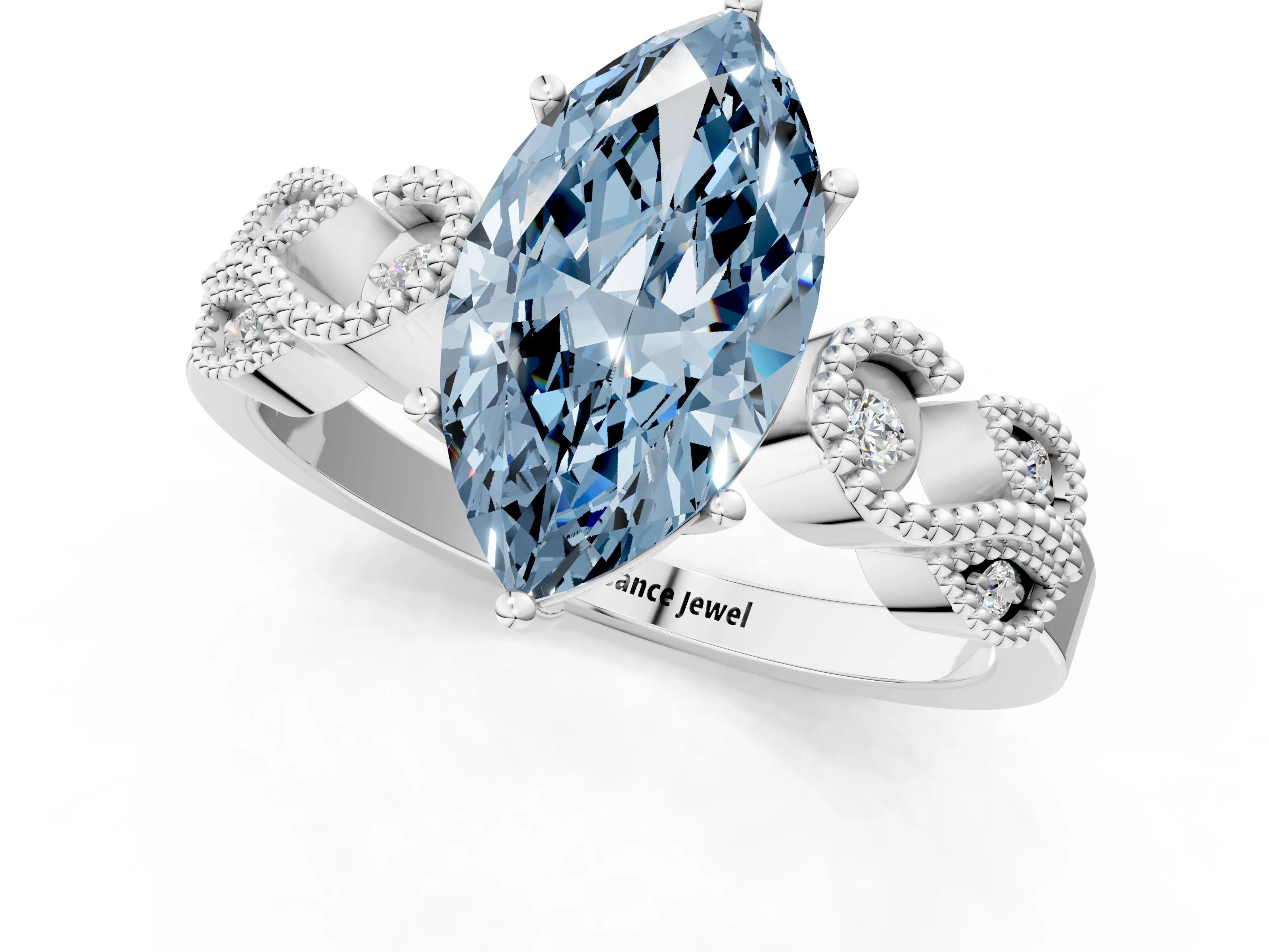White gold Fancy Blue Marquise Cut Solitaire Milgrain Leaf Band with Prong Setting_1