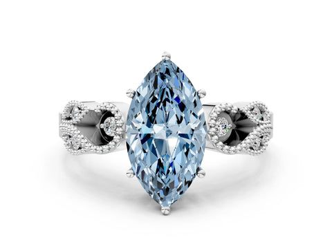 White gold Fancy Blue Marquise Cut Solitaire Milgrain Leaf Band with Prong Setting