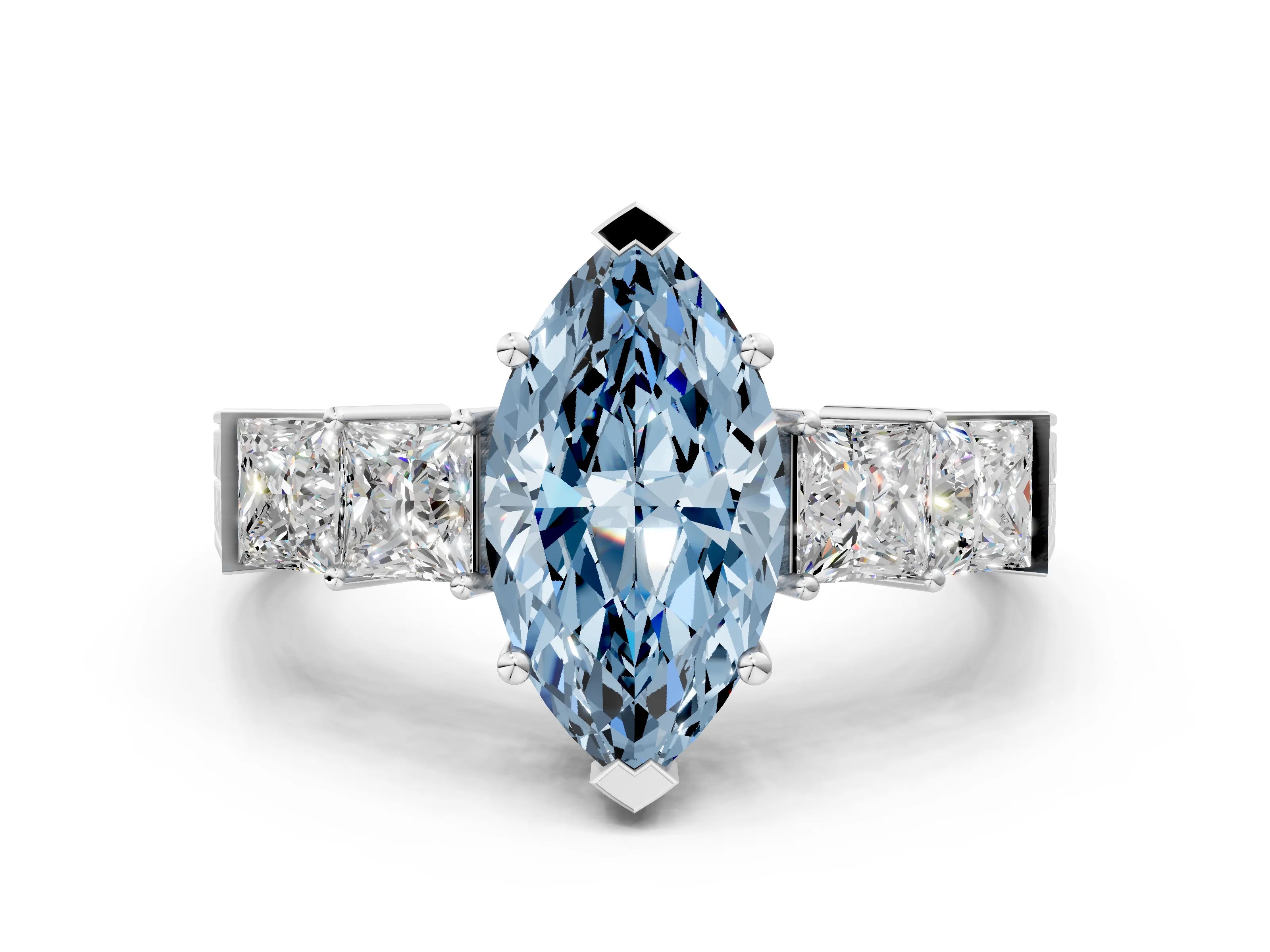 White gold Fancy Blue Marquise Cut Solitaire Princess Side Stone Engraved Band Prong Setting Ring