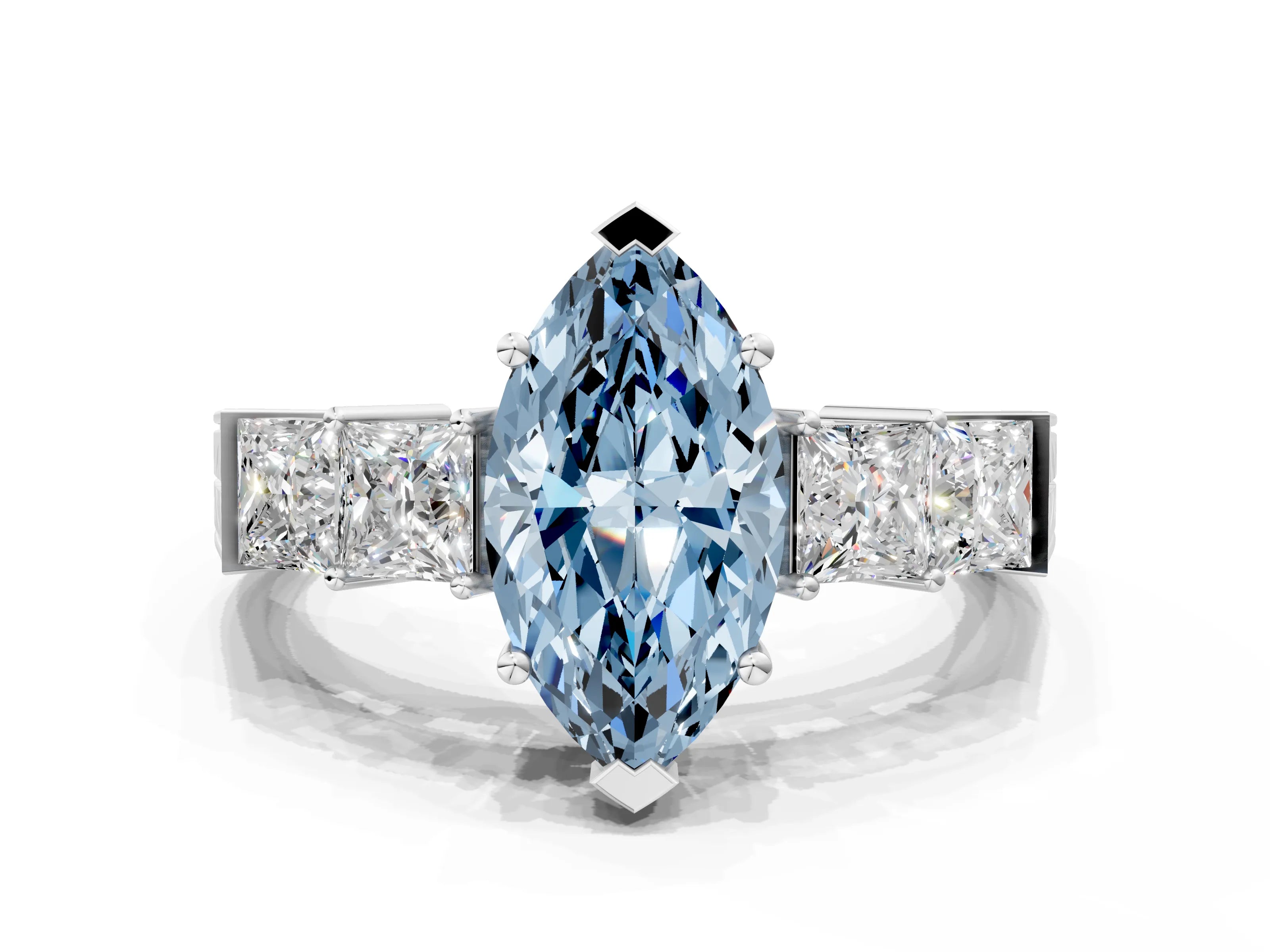 White gold Fancy Blue Marquise Cut Solitaire Princess Side Stone Engraved Band Prong Setting Ring_12