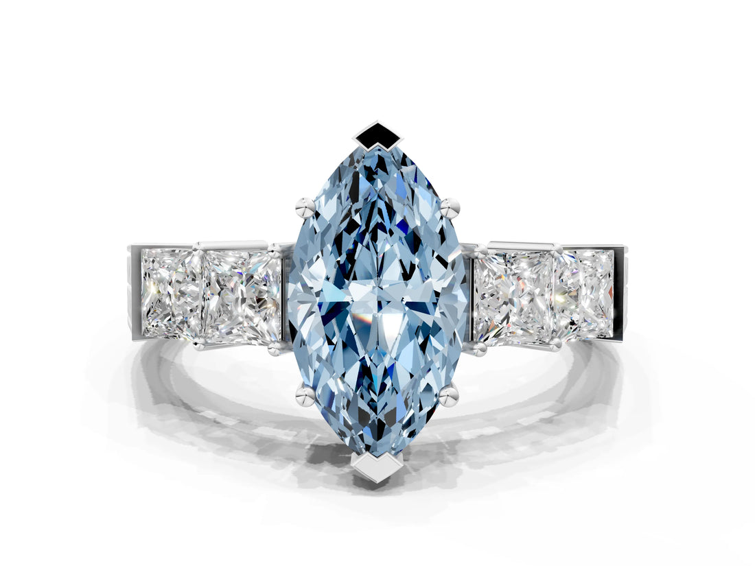 White gold Fancy Blue Marquise Cut Solitaire Princess Side Stone Engraved Band Prong Setting Ring_12