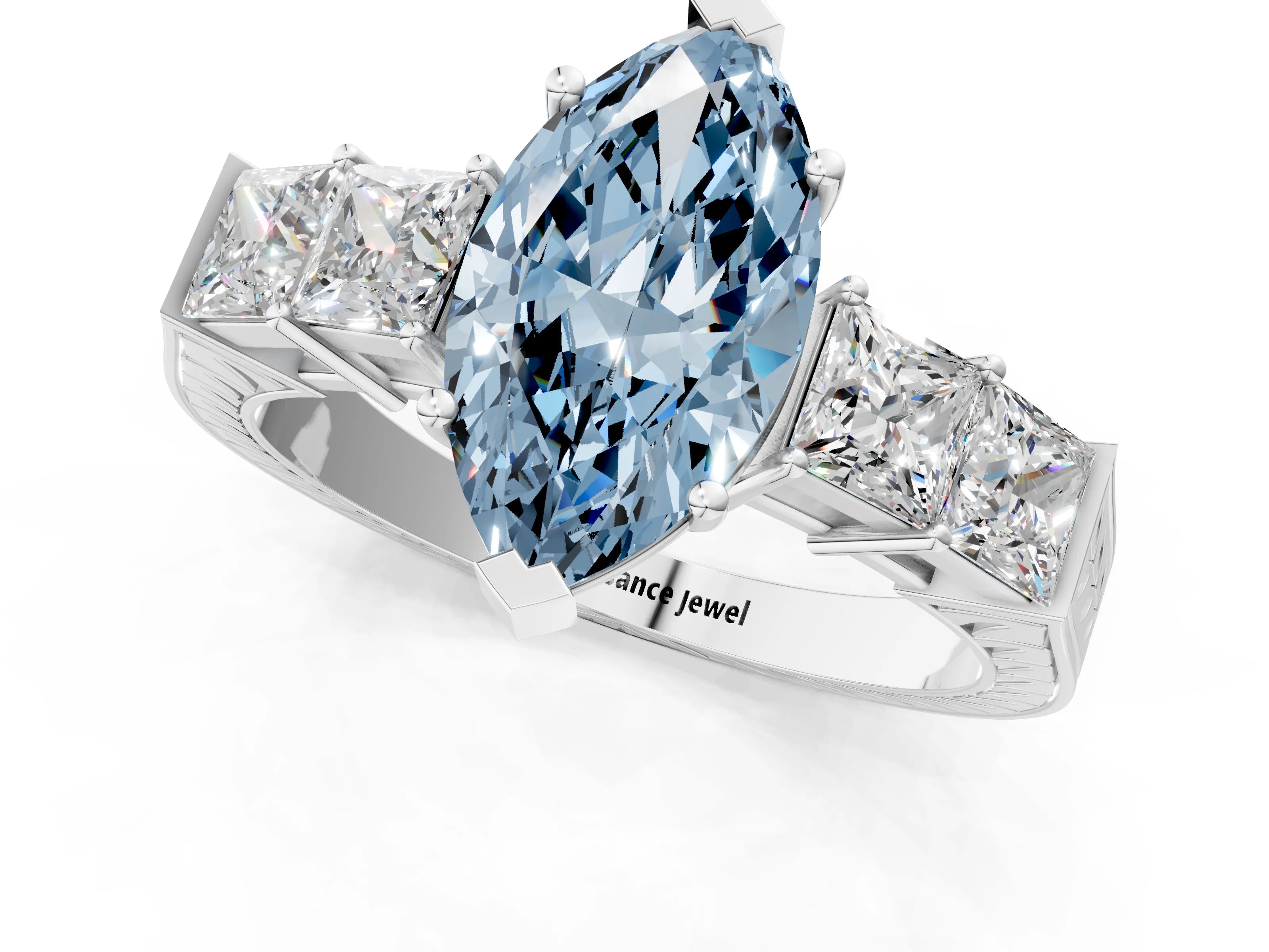 White gold Fancy Blue Marquise Cut Solitaire Princess Side Stone Engraved Band Prong Setting Ring_13