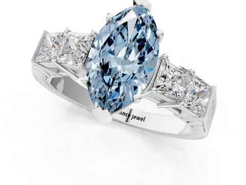White gold Fancy Blue Marquise Cut Solitaire Princess Side Stone Engraved Band Prong Setting Ring_13