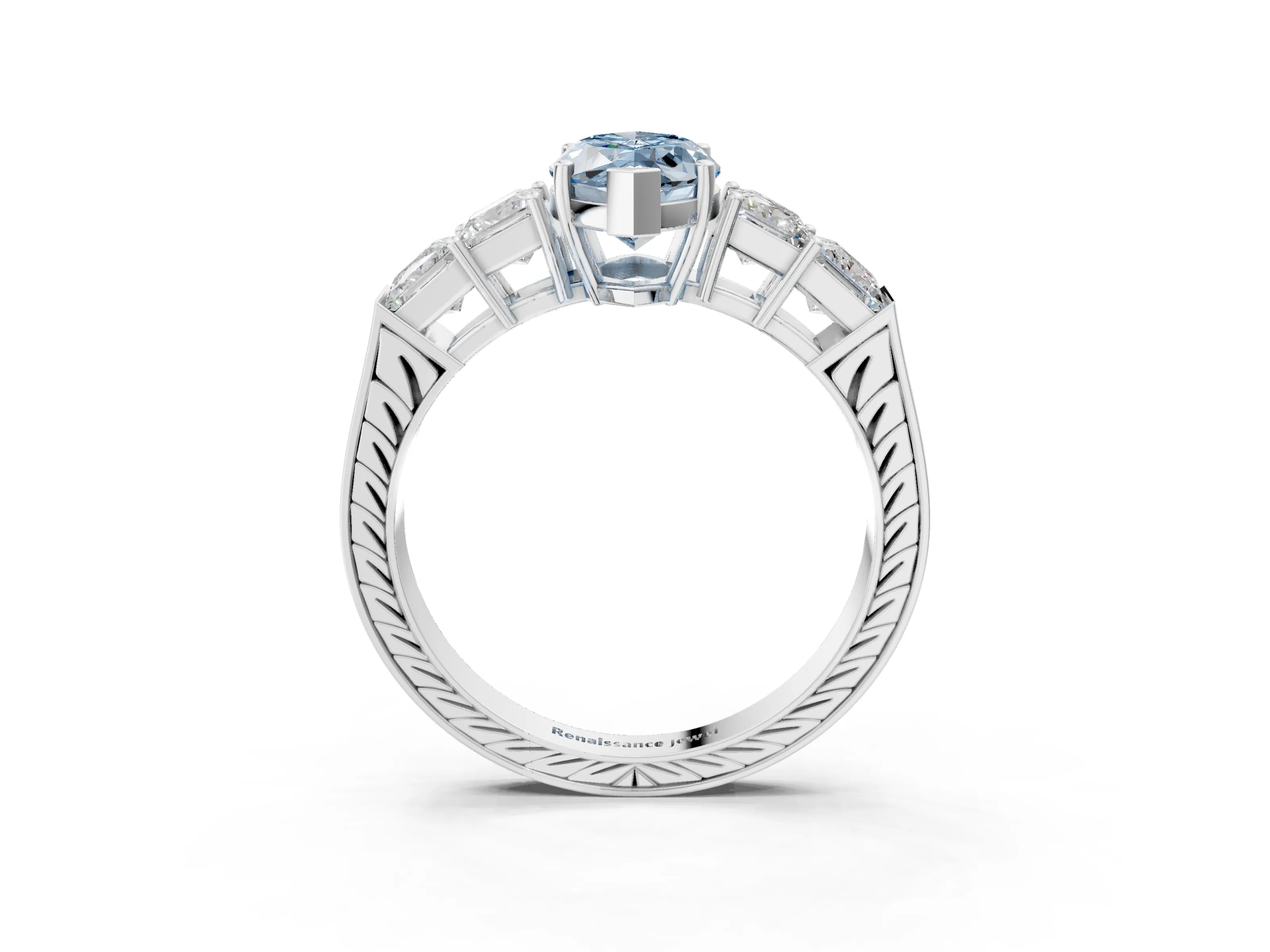 White gold Fancy Blue Marquise Cut Solitaire Princess Side Stone Engraved Band Prong Setting Ring_15