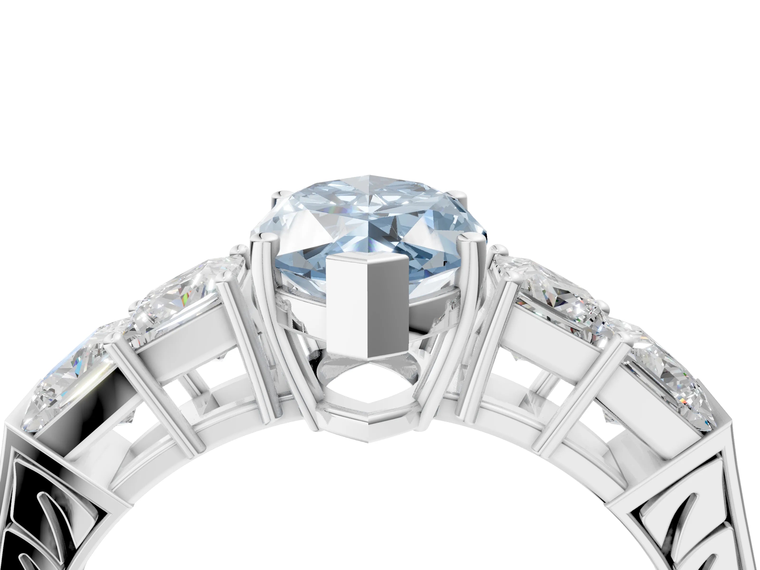 White gold Fancy Blue Marquise Cut Solitaire Princess Side Stone Engraved Band Prong Setting Ring_16