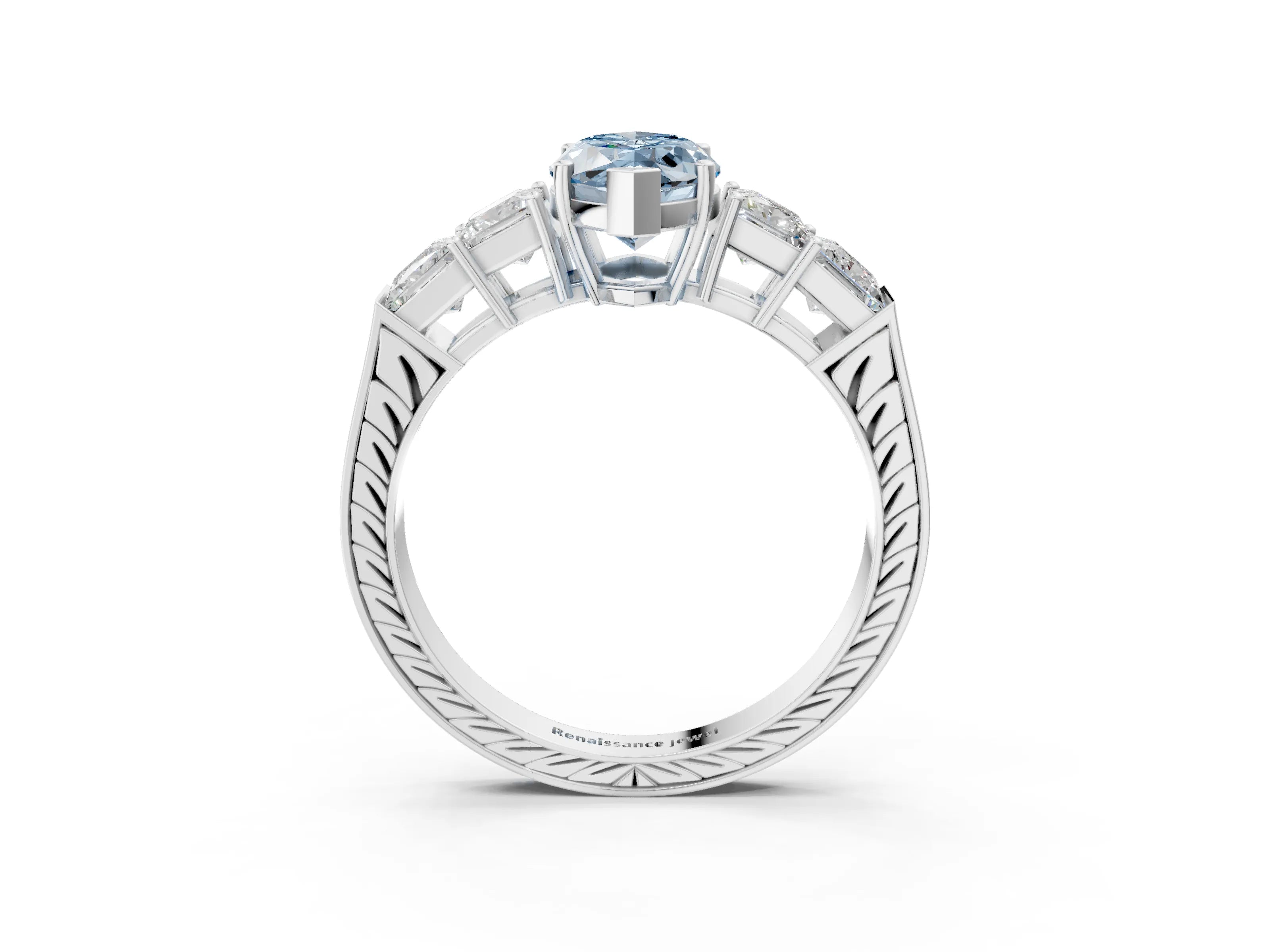 White gold Fancy Blue Marquise Cut Solitaire Princess Side Stone Engraved Band Prong Setting Ring_3