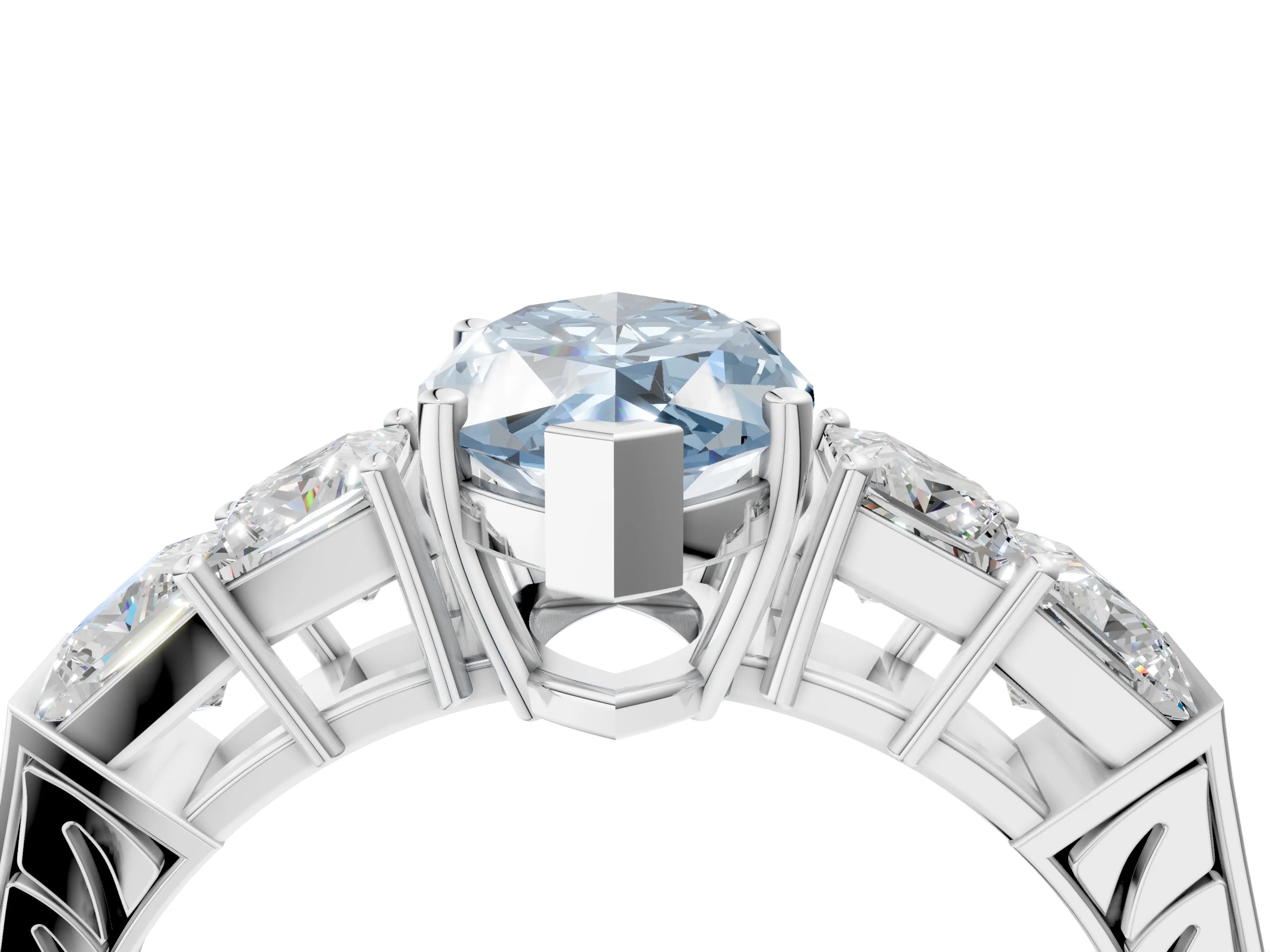 White gold Fancy Blue Marquise Cut Solitaire Princess Side Stone Engraved Band Prong Setting Ring_4