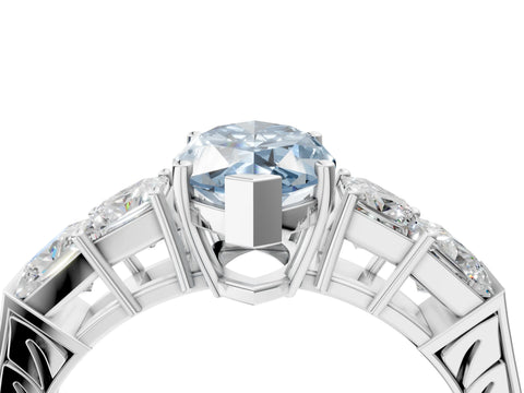 White gold Fancy Blue Marquise Cut Solitaire Princess Side Stone Engraved Band Prong Setting Ring_4