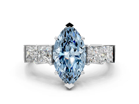 White gold Fancy Blue Marquise Cut Solitaire Princess Side Stone Engraved Band Prong Setting Ring