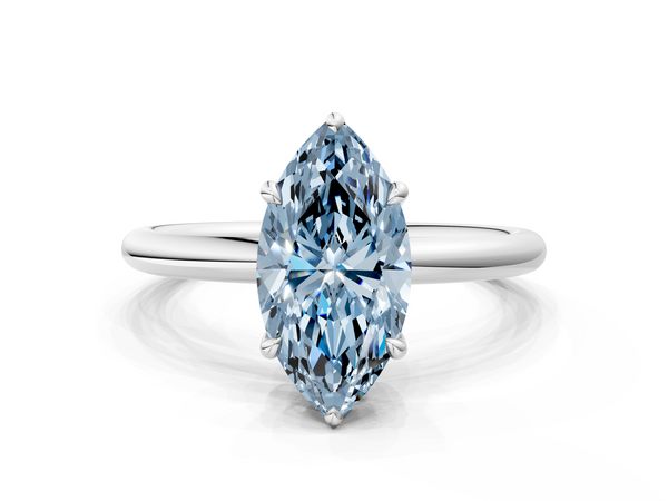 Platinum Fancy Blue Marquise Cut Diamond Solitaire Ring with Thin Band and Four-Prong Setting
