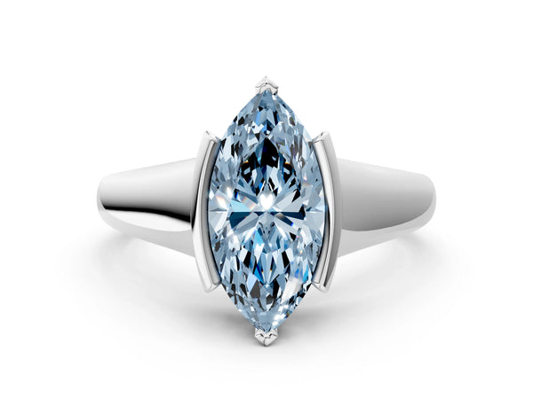 White gold Fancy Blue Marquise Cut Solitaire Tension Set Diamond Ring with Split Shank Band