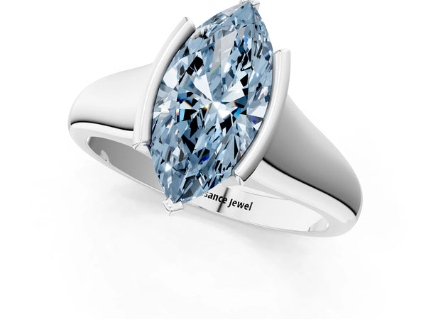 White gold Fancy Blue Marquise Cut Solitaire Tension Set Diamond Ring with Split Shank Band