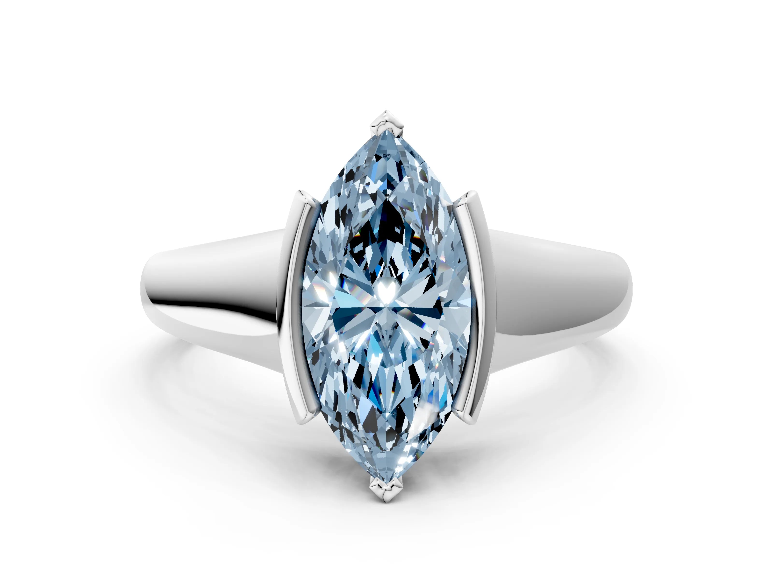 White gold Fancy Blue Marquise Cut Solitaire Tension Set Diamond Ring with Split Shank Band