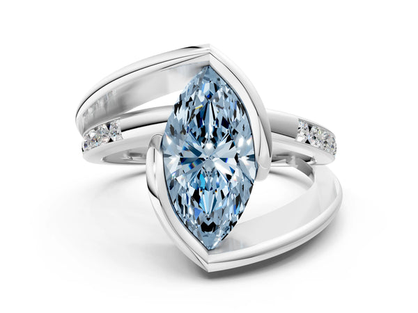White gold Fancy Blue Marquise Cut Solitaire Tension-Set Diamond Split Shank Ring