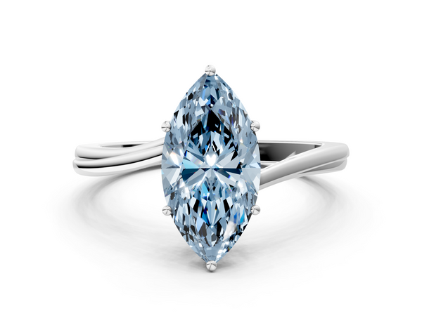White gold Fancy Blue Marquise  Cut Solitaire Twist Band Ring with Four-Prong Setting