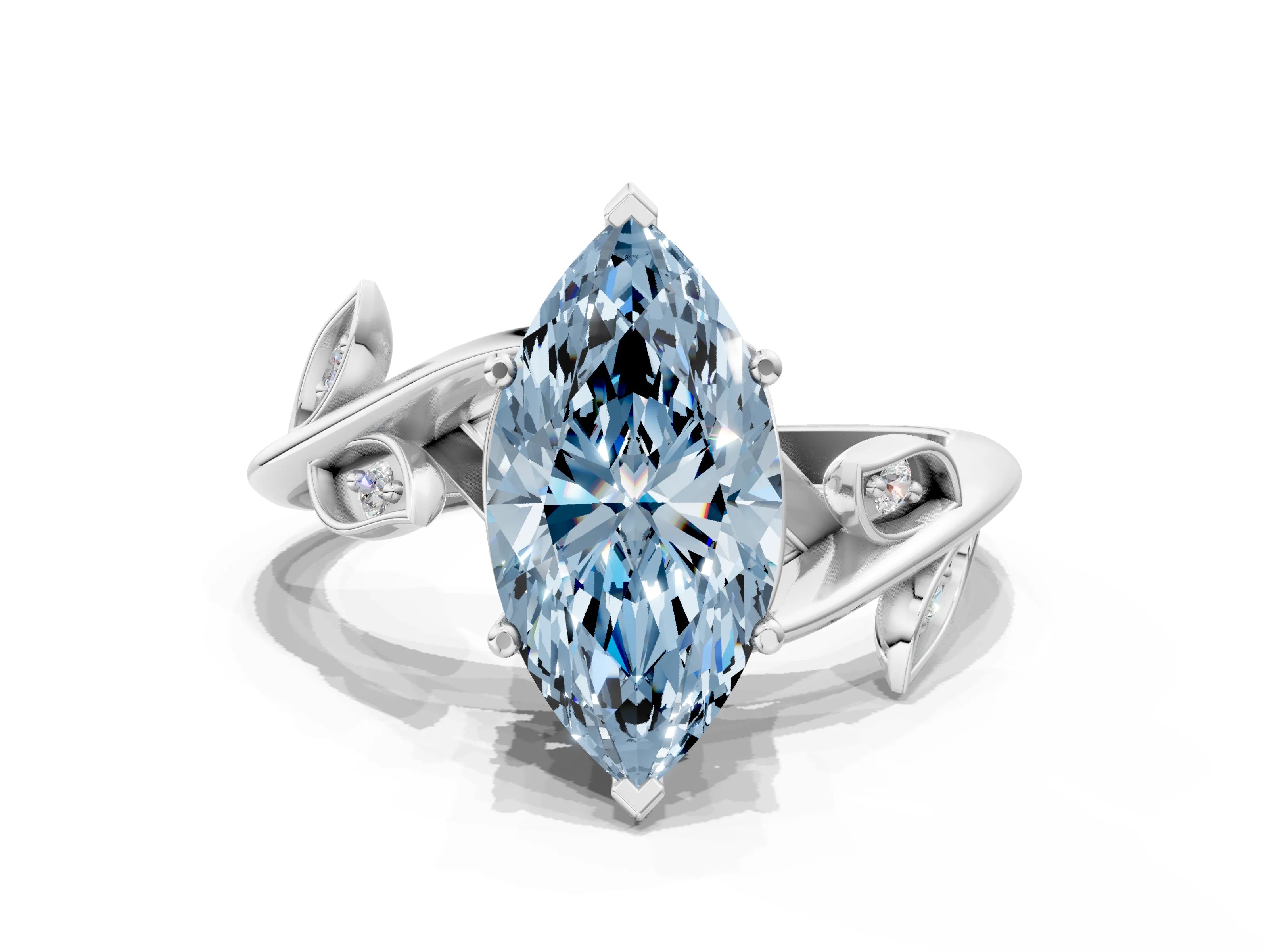 White gold Fancy Blue Marquise Cut Solitaire Twist Engagement Ring with Leaf Accents and Prong Setting