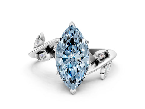 White gold Fancy Blue Marquise Cut Solitaire Twist Engagement Ring with Leaf Accents and Prong Setting_12